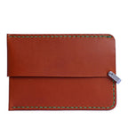Brown Italian leather magnetic card holder with green button and titanium D-ring
ArtisLeather 