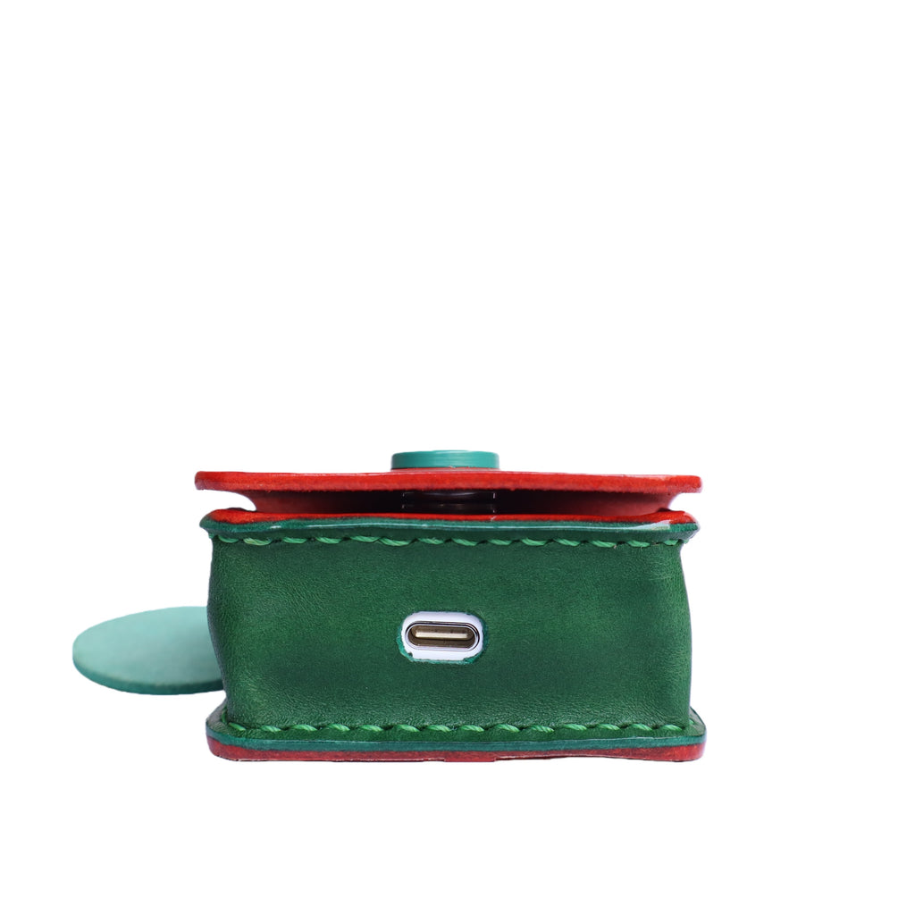 Handmade Italian Buttero Leather Case for AirPods Pro 3 - Red & Green Mini Satchel Design with Dual Straps
