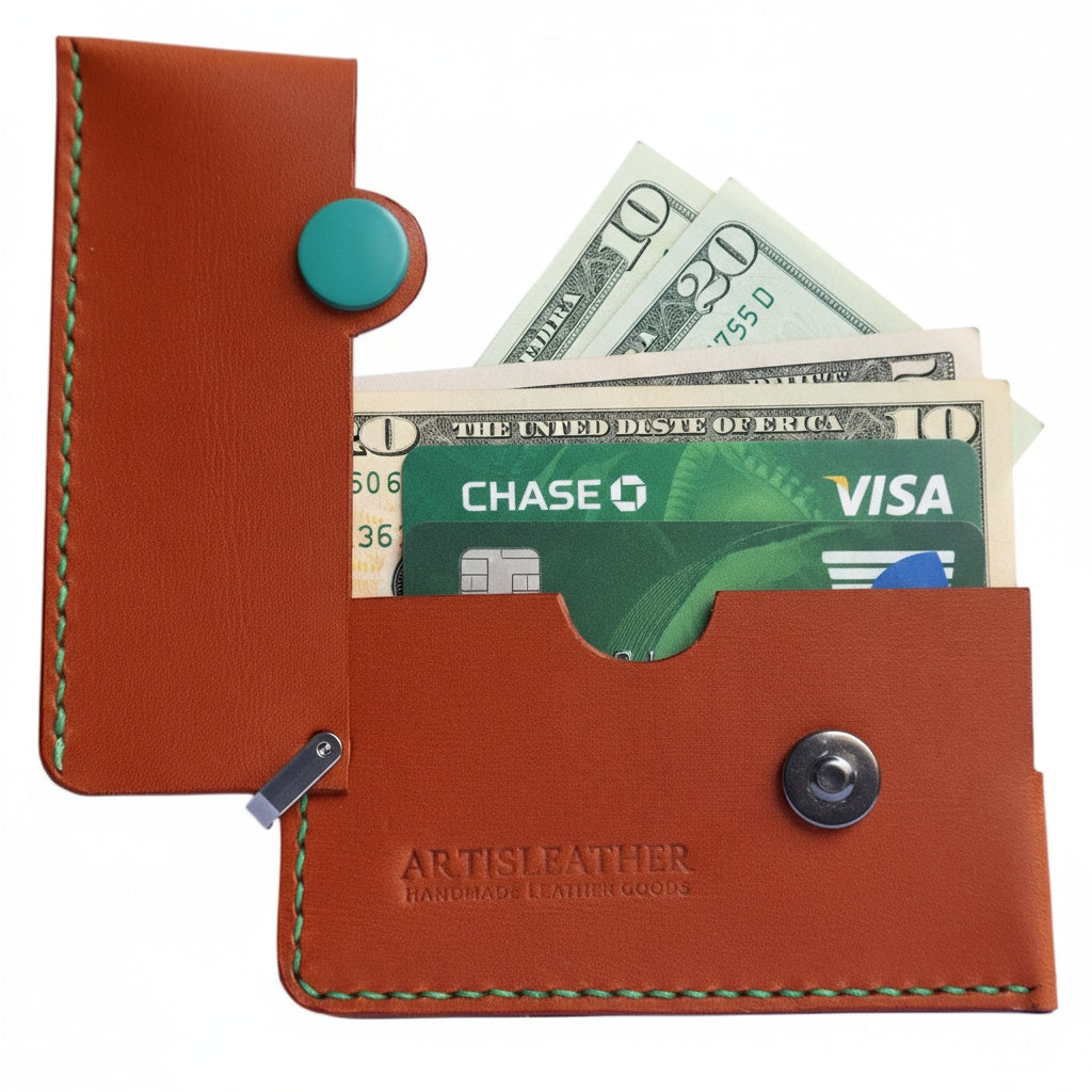 Brown Italian leather magnetic card holder with green button and titanium D-ring
ArtisLeather 