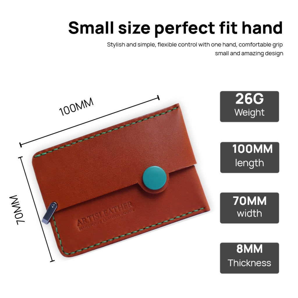 Brown Italian leather magnetic card holder with green button and titanium D-ring
ArtisLeather 