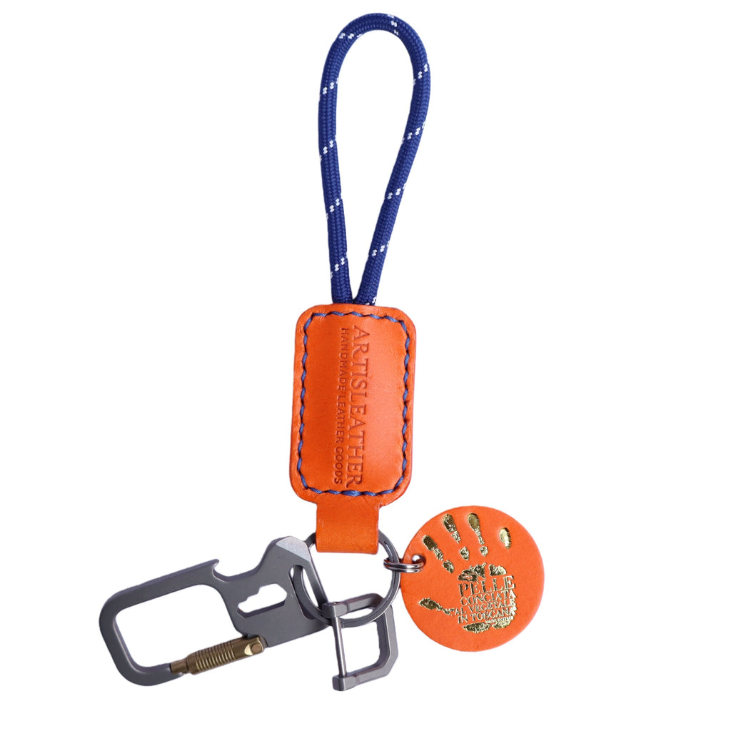 Orange Italian Leather Keychain | Paracord Loop & Multitool Clip | Handmade Gift