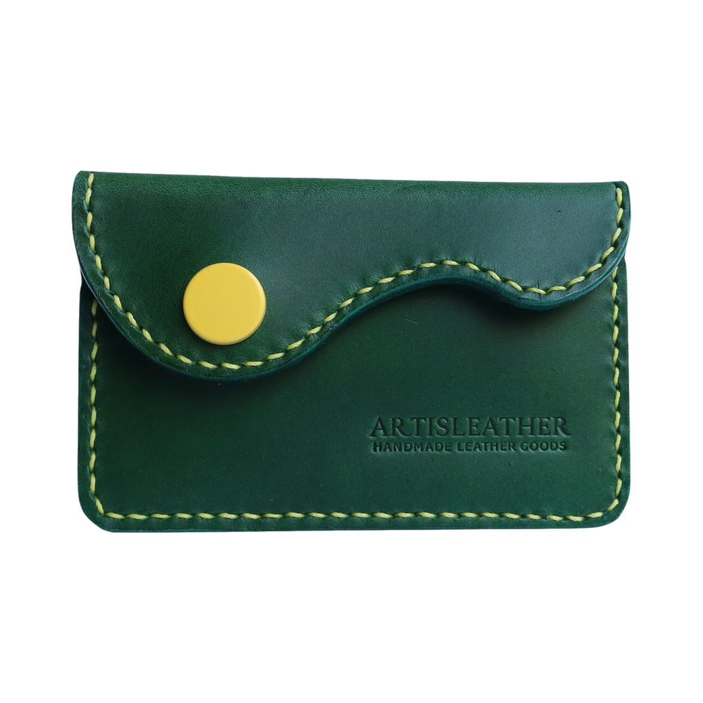 green italian buttero leather card wallet with contrast stitching