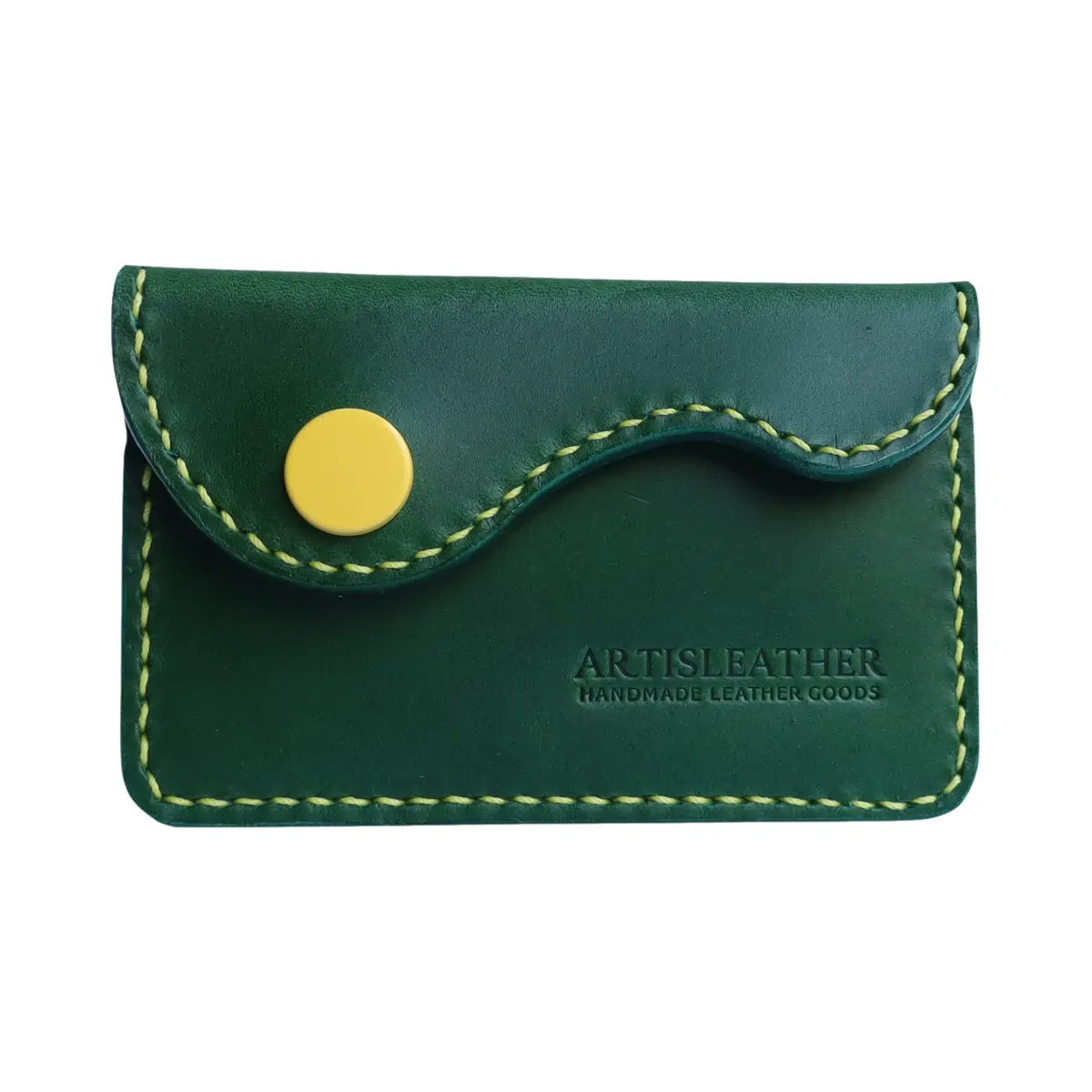 Handcrafted Italian BUTTERO Leather Credit Card Wallet - Artisan Green & Yellow Contrast Stitch