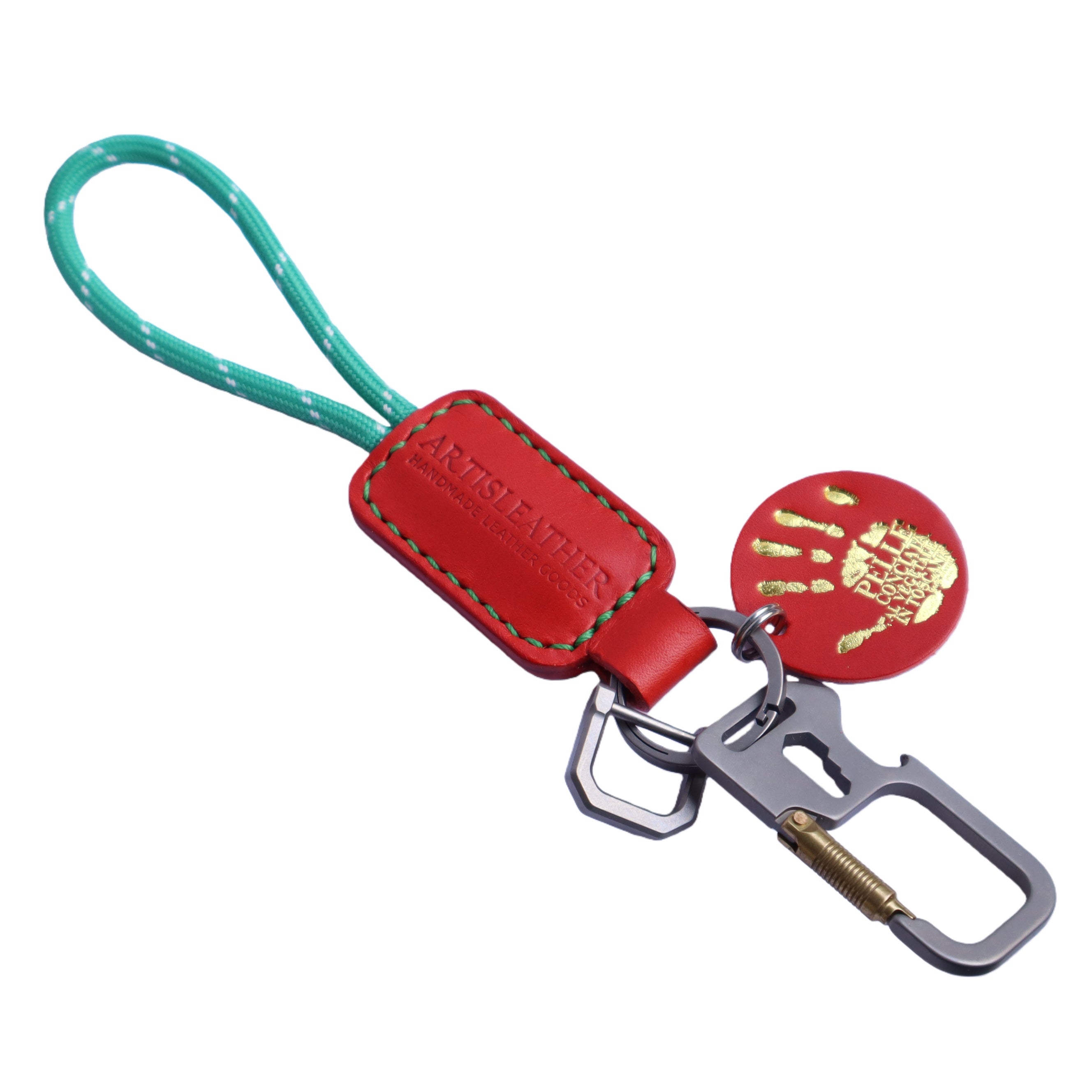 Orange Italian Leather Keychain | Paracord Loop & Multitool Clip | Handmade Gift