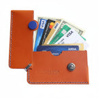 Brown Italian leather magnetic card holder with blue button and titanium D-ring
ArtisLeather 