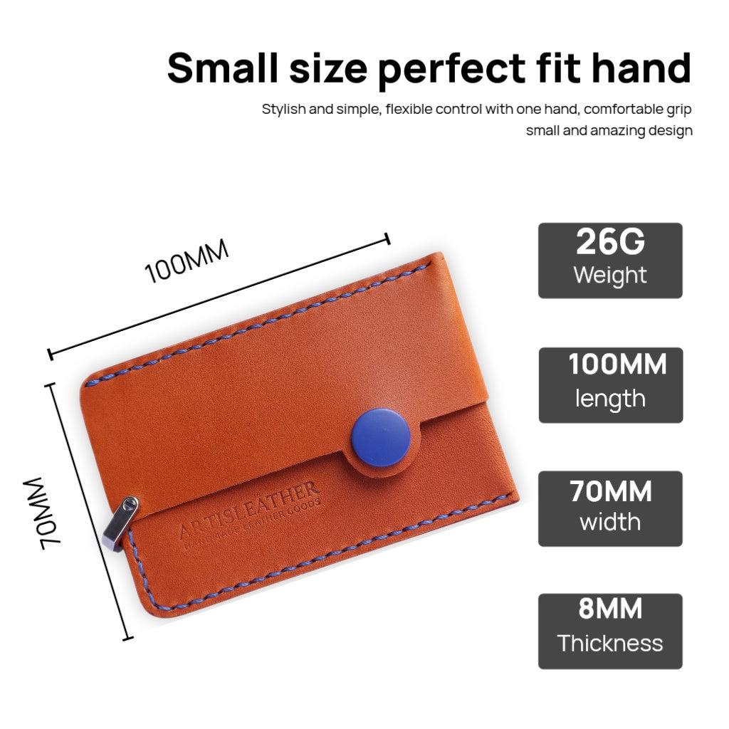 Brown Italian leather magnetic card holder with blue button and titanium D-ring
ArtisLeather 