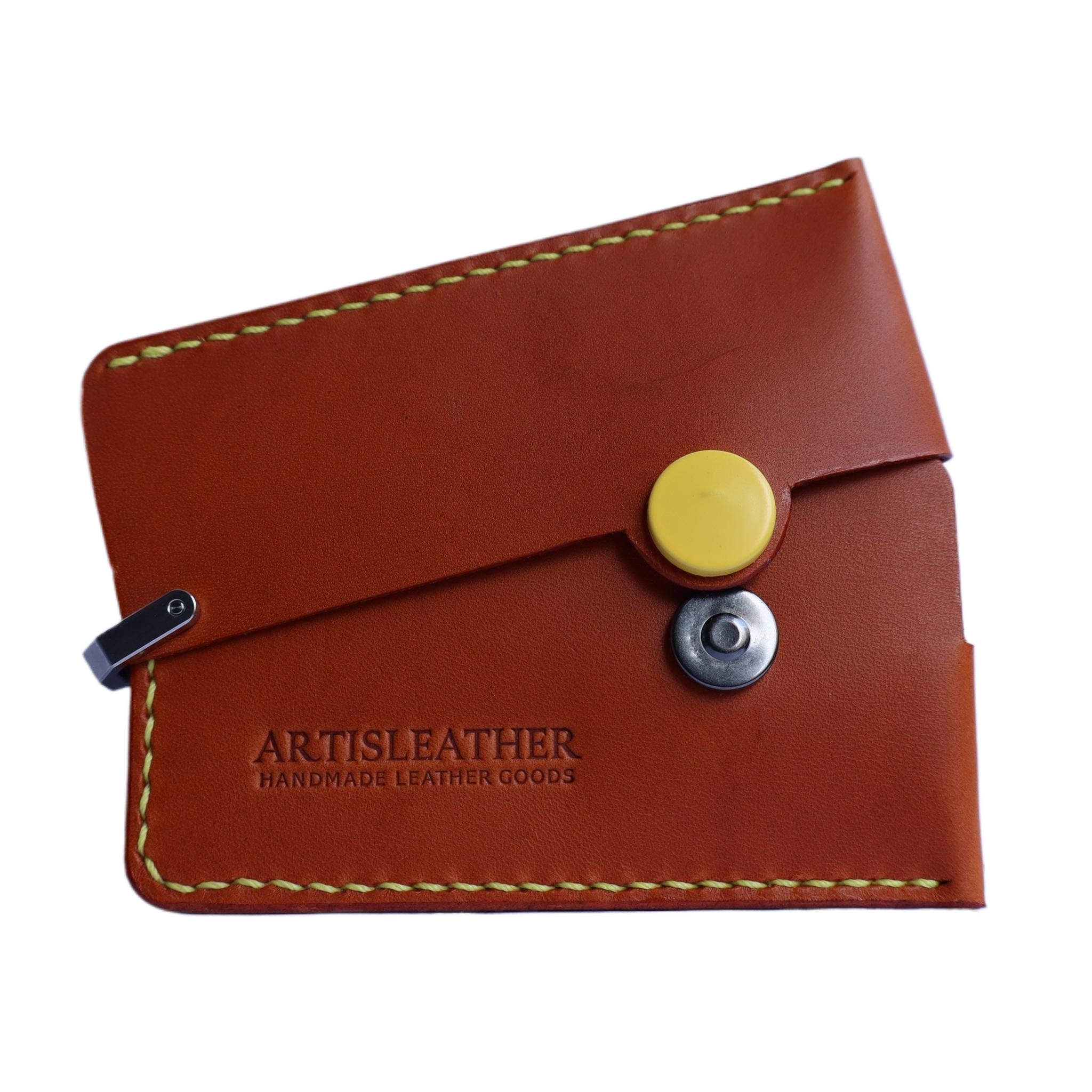 Brown Italian leather magnetic card holder with yellow button and titanium D-ring
ArtisLeather 
