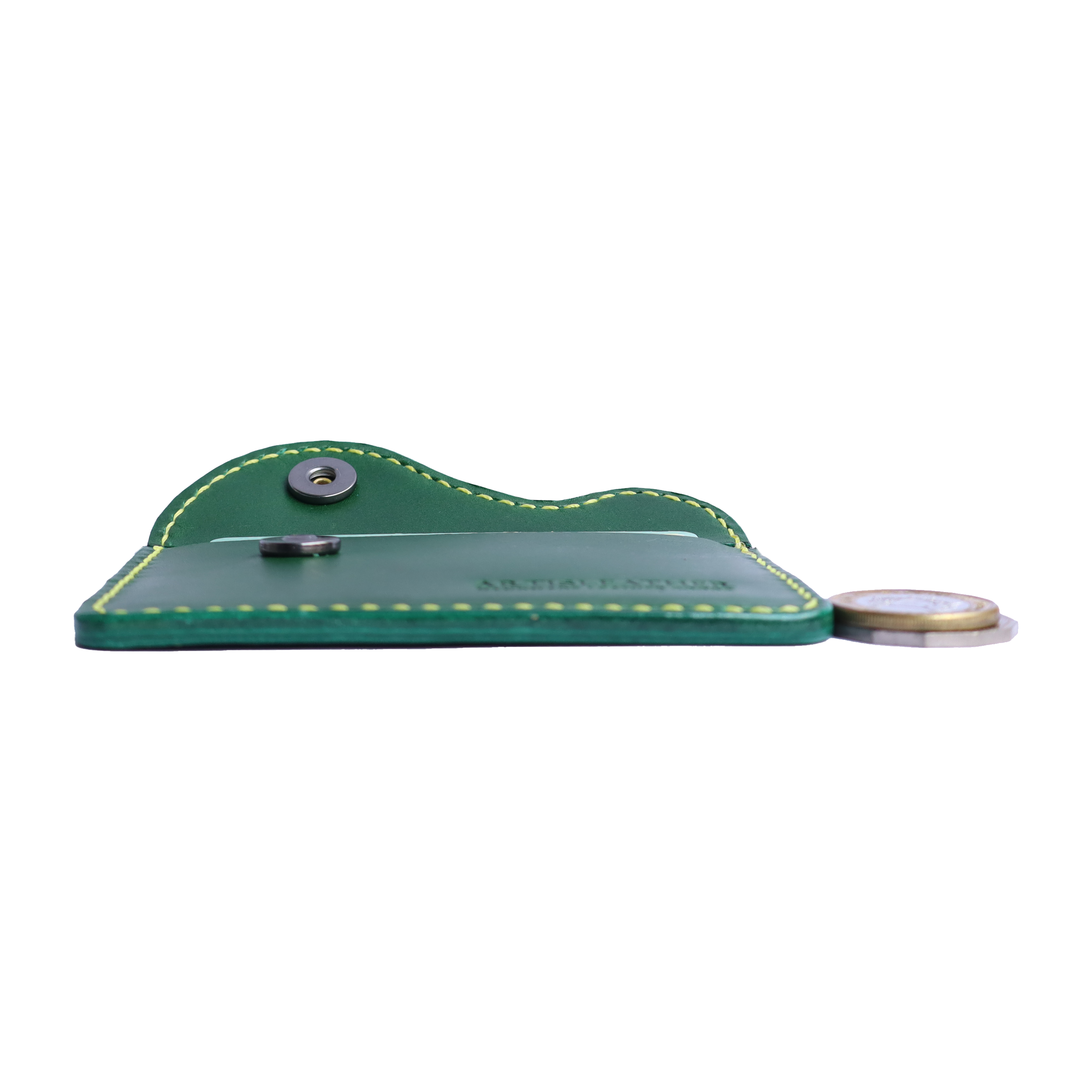 green italian buttero leather card wallet with contrast stitching