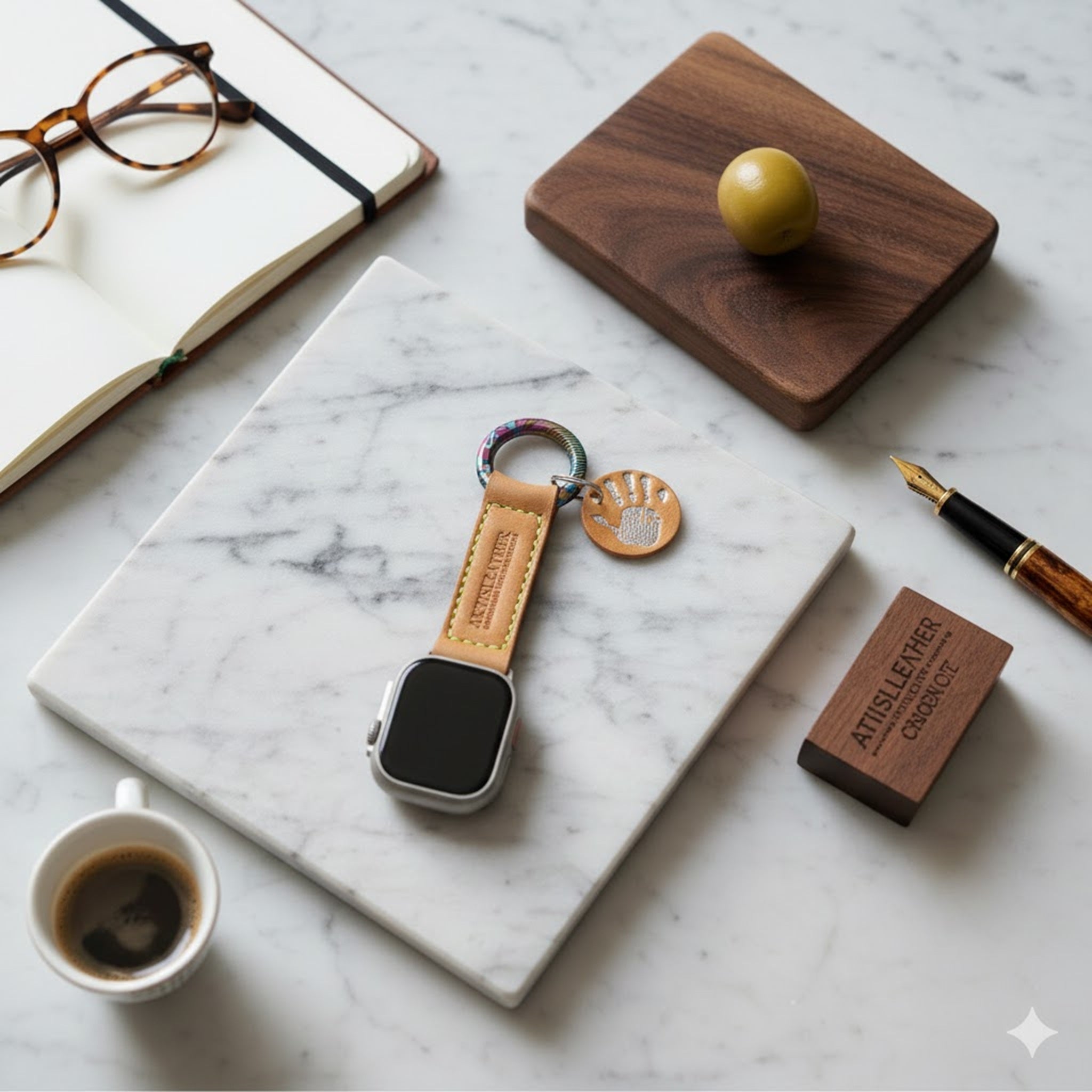 Handmade Italian Minerva Box Leather Apple Watch Keychain & Bag Charm | Vegetable Tanned Leather EDC