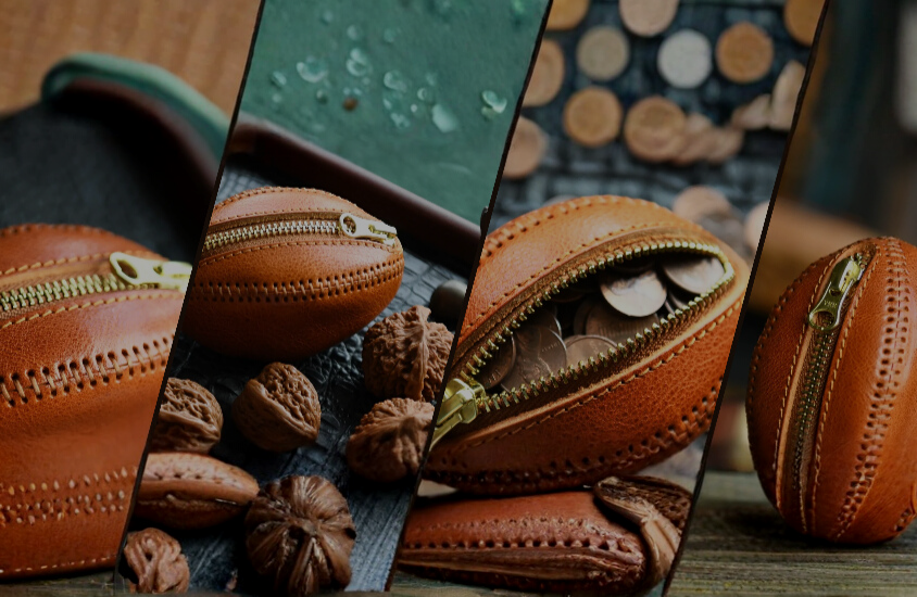 Collage of a brown leather pouch with a zipper, surrounded by chestnuts on a wooden surface.