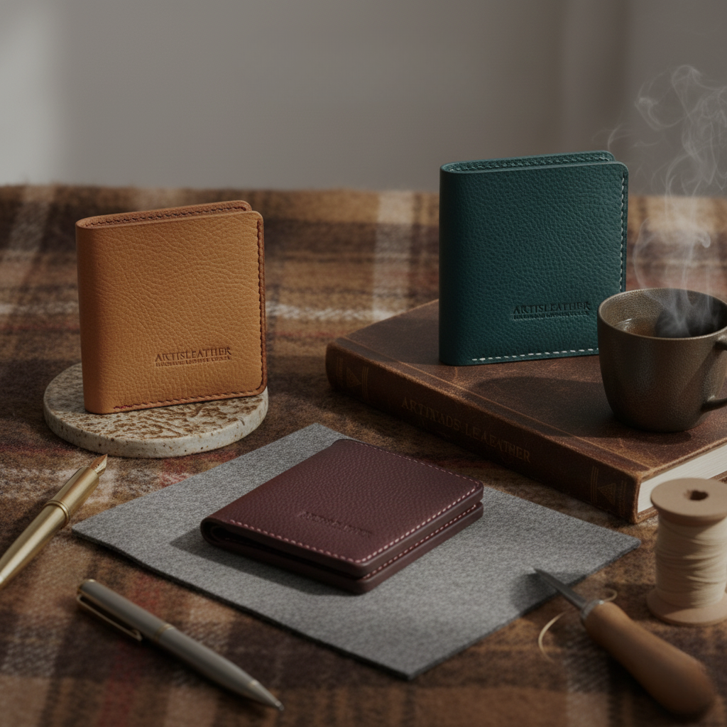 Three leather wallets in brown, green, and brown on a table with a plaid cloth background.