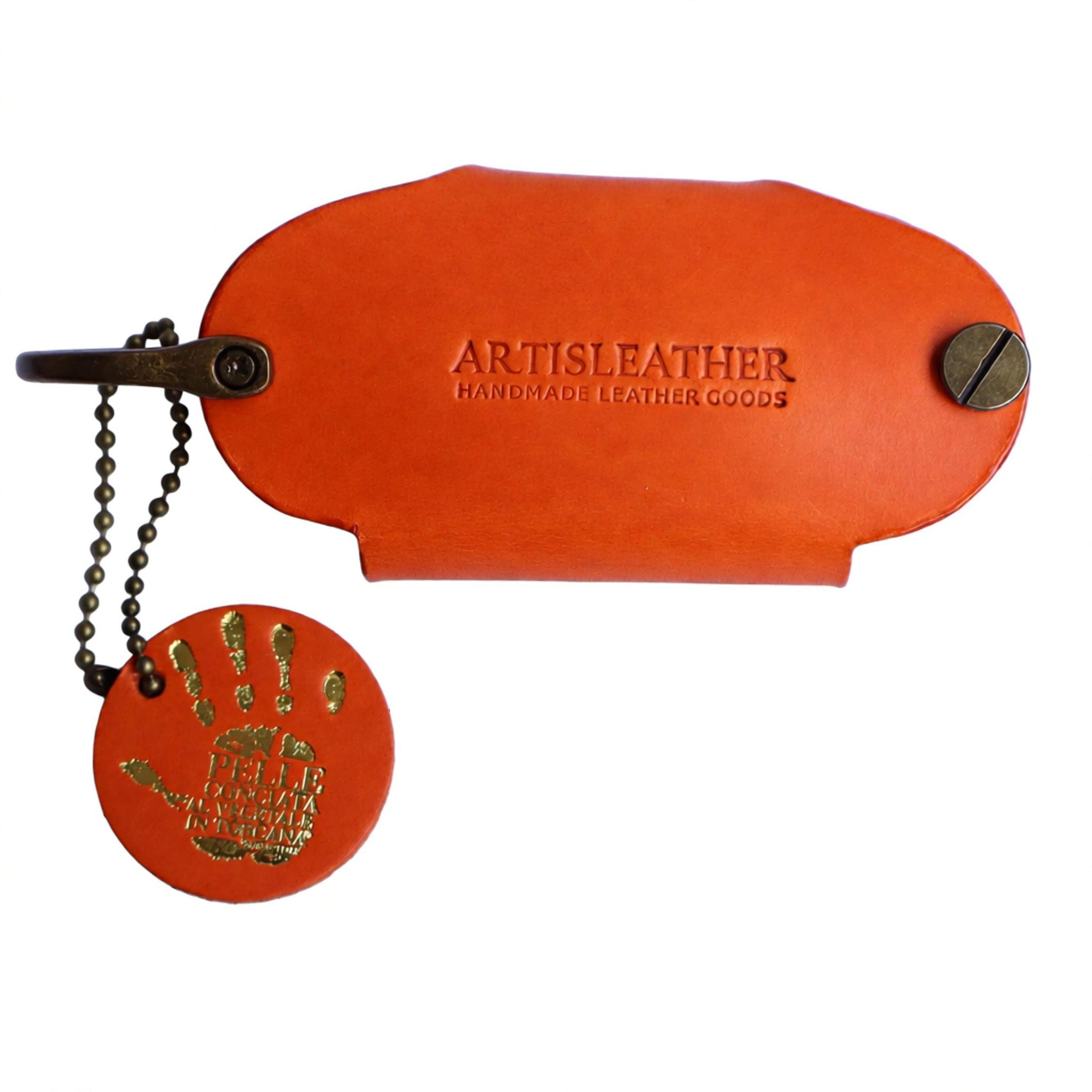 Orange leather case with ArtisLeather branding on a white background